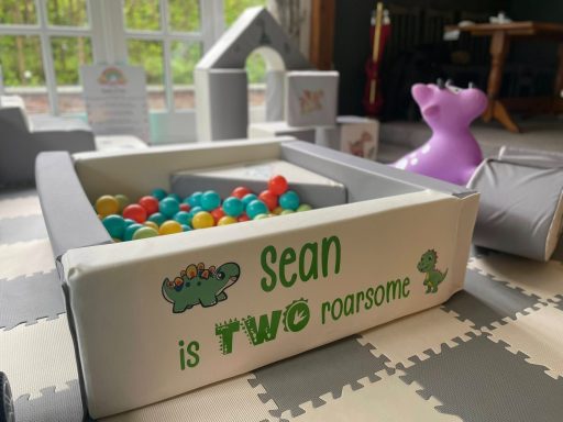 Two 'Roarsome' dinosaur-themed soft play birthday setup with custom vinyl, dinosaur hoppers, ride-on toys, and scattered decals.