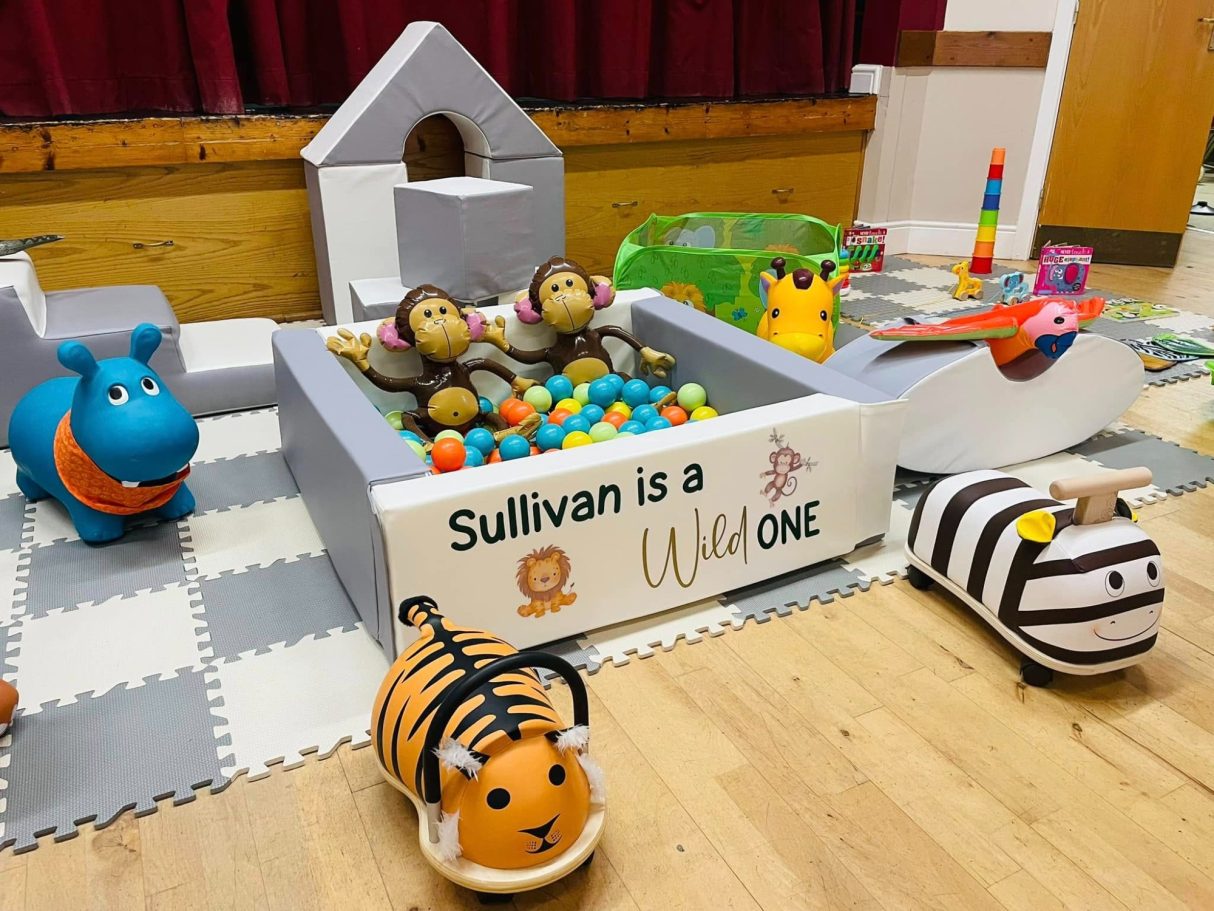 Wild One themed soft play setup with custom vinyl, animal hoppers, ride-on toys, inflatable jungle animals, and jungle-themed sensory toys.